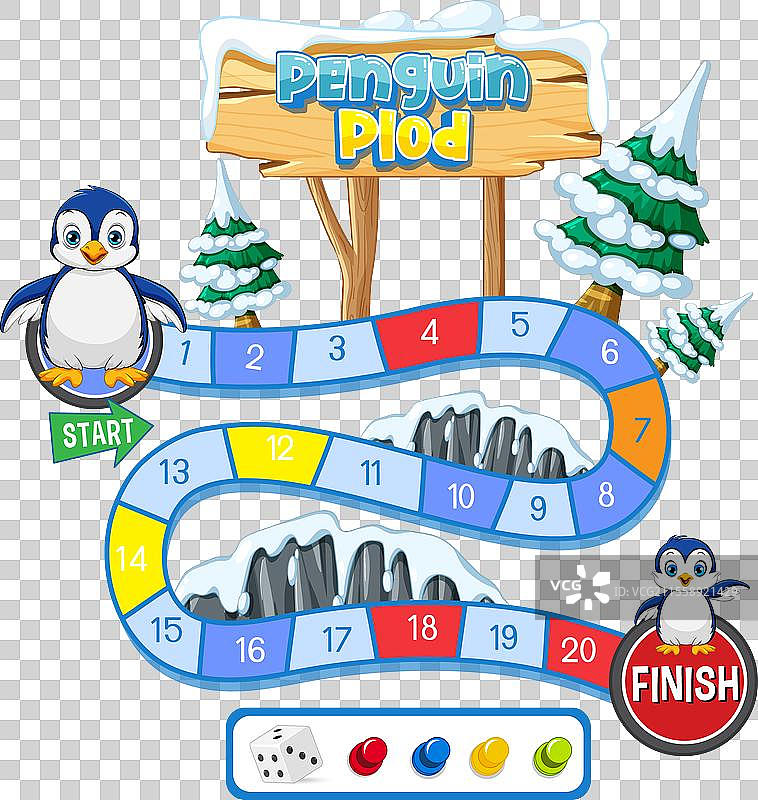 色彩斑斓的棋盘游戏布局，带有企鹅角色图片素材