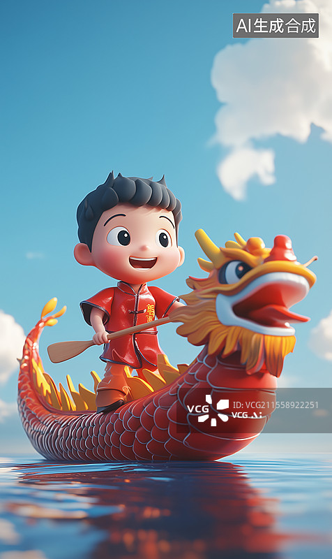 【AI数字艺术】3D 卡通人物在河中划着一个龙舟图片素材