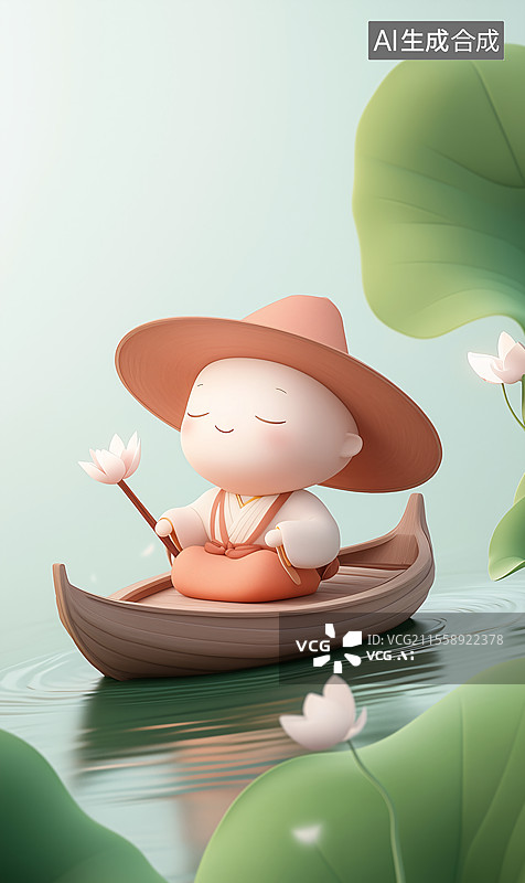 【AI数字艺术】3D 卡通人物在河中划着一个龙舟图片素材