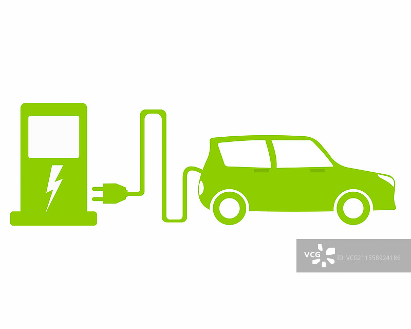 绿色电动汽车与充电站插头图标图片素材