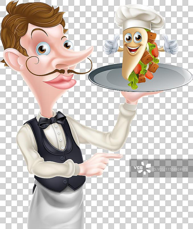 指着烤肉串吉祥物的服务员图片素材