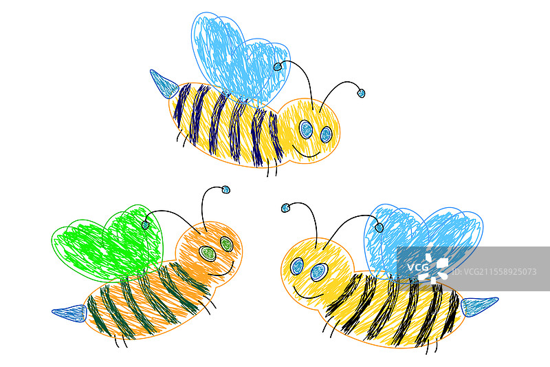 手绘卡通蜜蜂，翅膀色彩斑斓图片素材