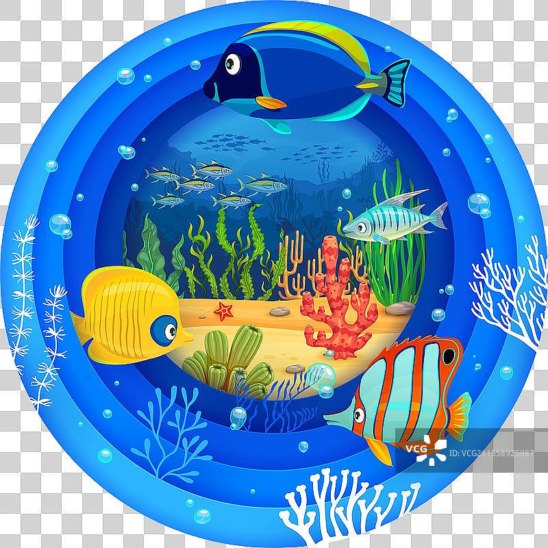 水下剪纸与卡通热带鱼图片素材