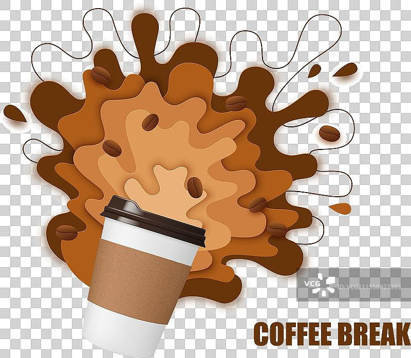 咖啡剪纸横幅，伴随饮料飞溅和咖啡豆图片素材