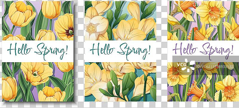 三张黄色花朵贺卡，上面写着“你好，春天”图片素材