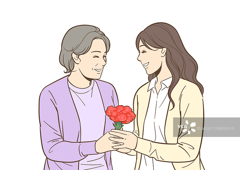 线条艺术，家庭，母亲，女儿，亲情，团聚，父母节，家庭月，幸福，康乃馨，感恩图片素材