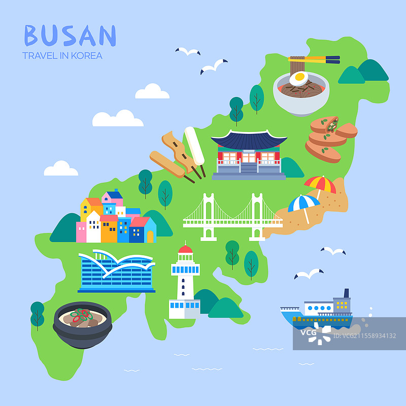 地图，地方景点，地标，国内旅游，韩国文化资产，釜山，龙宫寺，甘川文化村，广安大桥，海云台，扎嘎其市场，太宗台图片素材