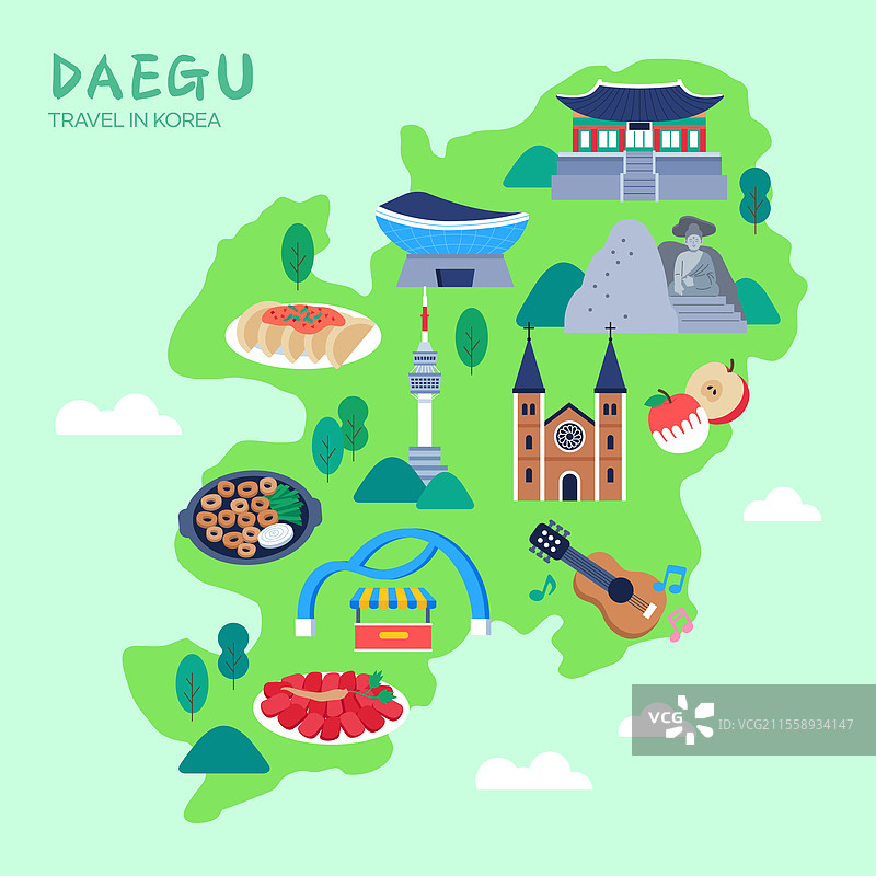 地图，地方景点，地标，国内旅游，韩国文化资产，大邱，东华寺，八公山，乌方塔，马肠，石坐佛，桂山大教堂图片素材