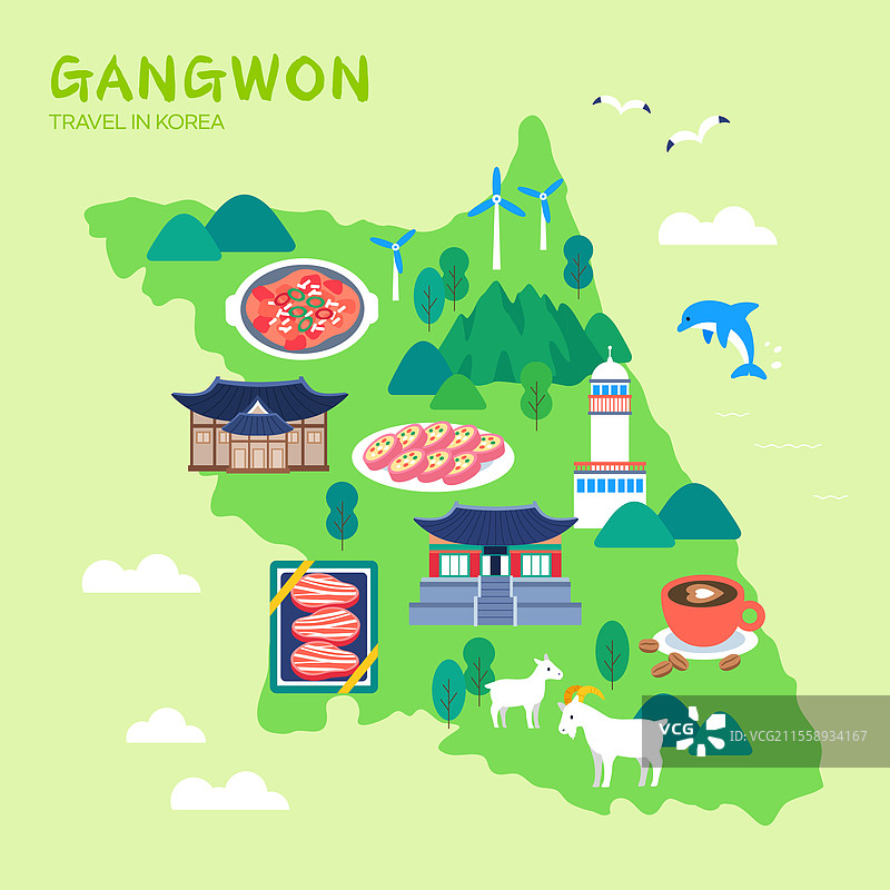 地图，地方景点，地标，国内旅行，韩国文化资产，江原道，辣炒鸡排，雪岳山，金裕贞站，阿拜血肠，江陵竹溪轩，大关岭羊场，韩国牛肉，灯塔，观景台图片素材