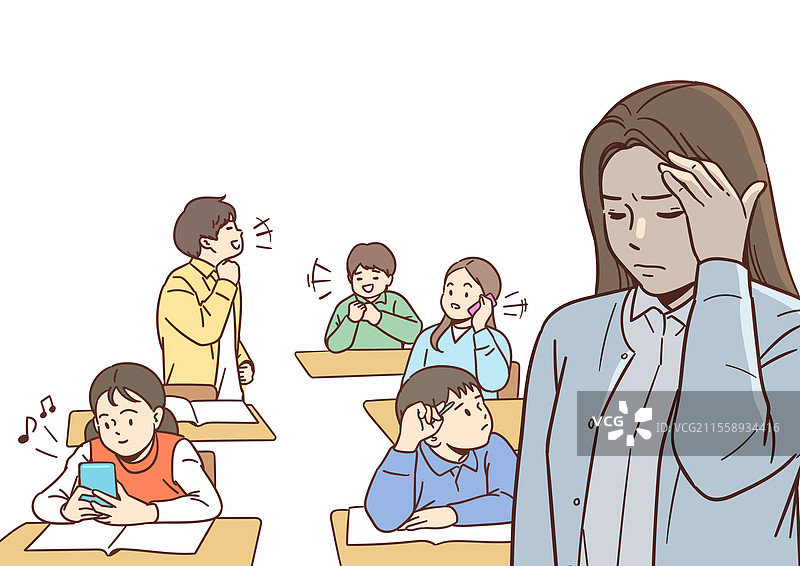 线条艺术，教育，专注，学习，开学，教室，课堂，校园生活，老师，担忧，吵闹，侵犯教师权利，分心，小学生图片素材