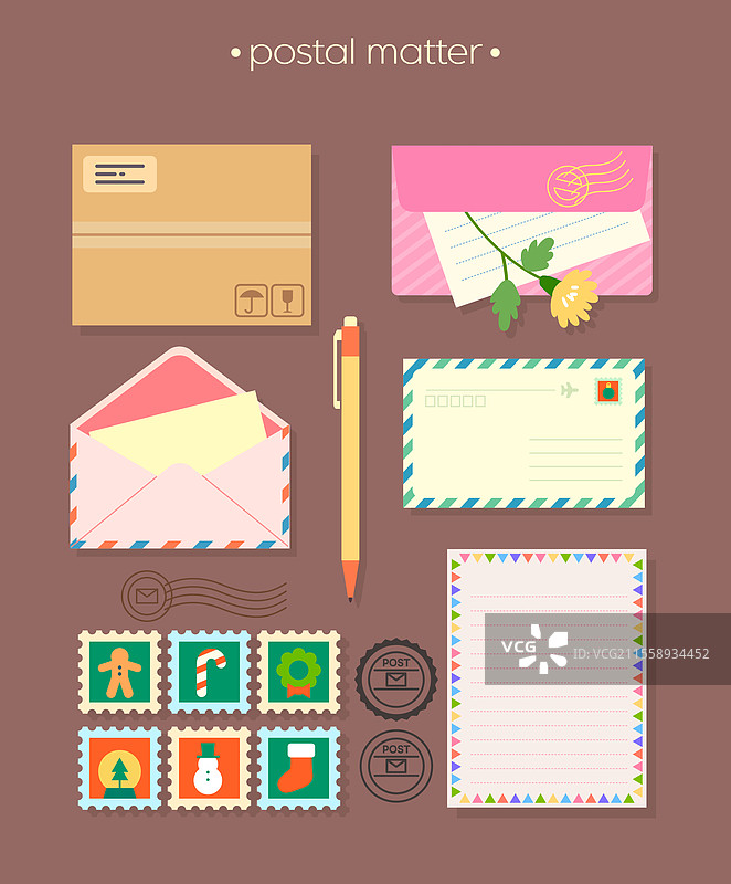 图标集，帖子，信件，邮票，文具，明信片，印章，信封，包裹，圣诞节，钢笔，快递图片素材