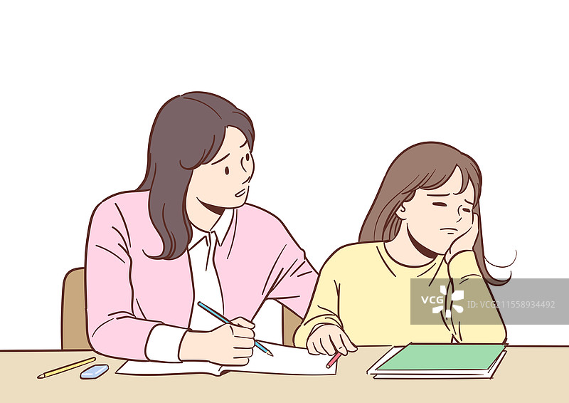 线条艺术，教育，专注，拖延，压力，课堂，校园生活，学习，老师，回避，儿童，托腮图片素材