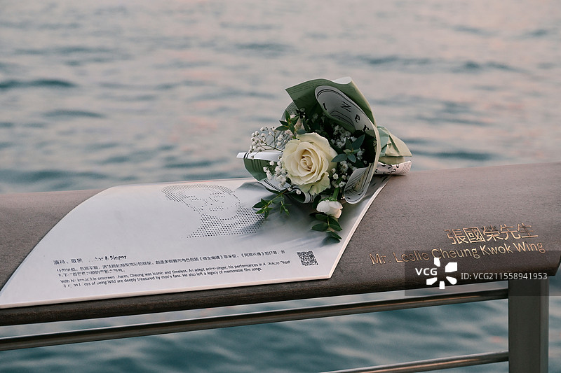 香港维多利亚港张国荣铭牌旁的鲜花图片素材