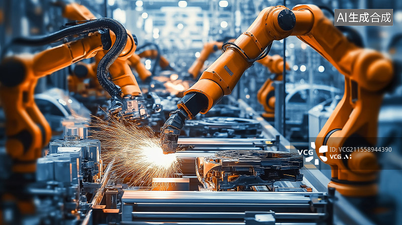 【AI数字艺术】工厂机械手加工汽车零部件特写图片素材