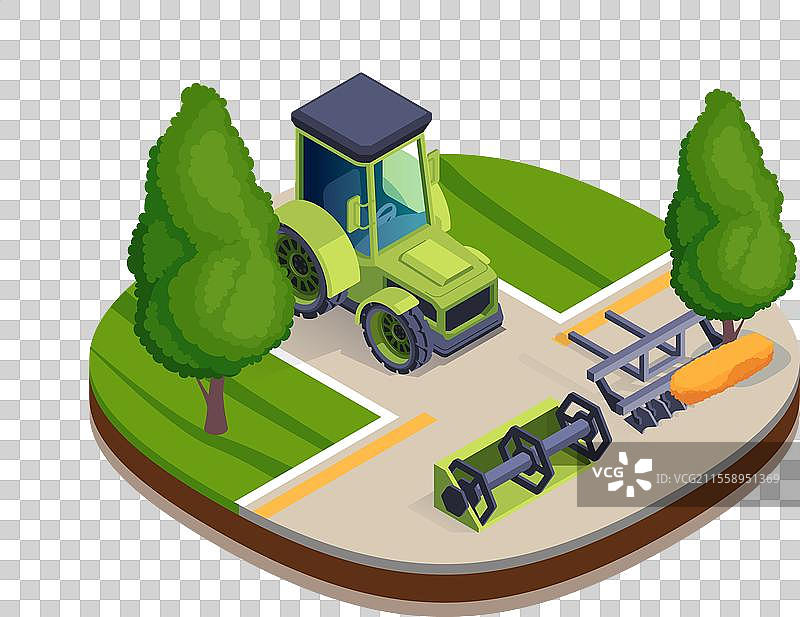 等距农场拖拉机和设备在一块土地上图片素材