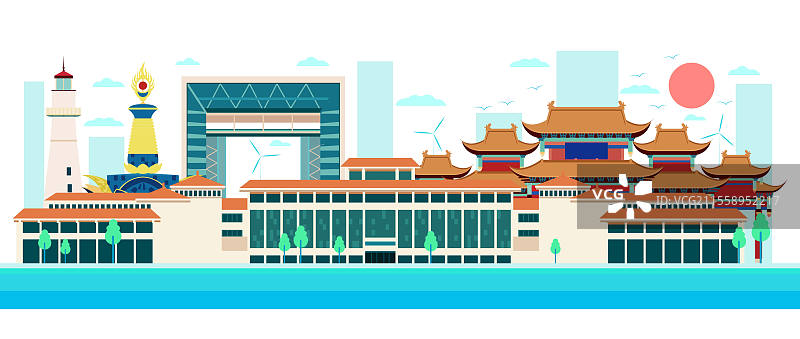 绿色低碳城市科技感扁平矢量插画—山东 威海图片素材