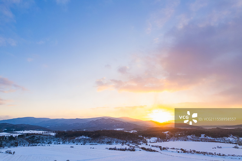 东北冬天日落自然风光航拍图片素材