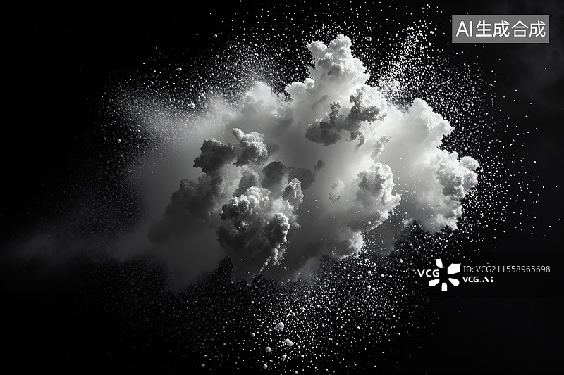 【AI数字艺术】白色粉末在黑色背景中炸开图片素材