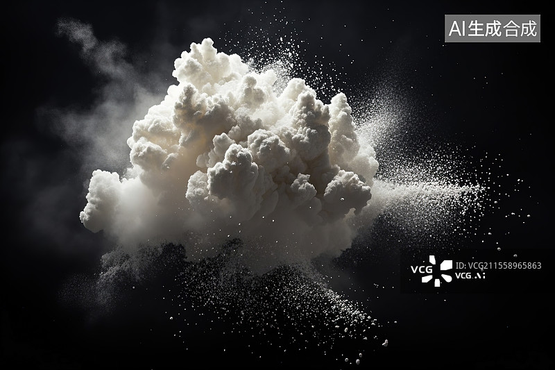 【AI数字艺术】白色粉末在黑色背景中炸开图片素材