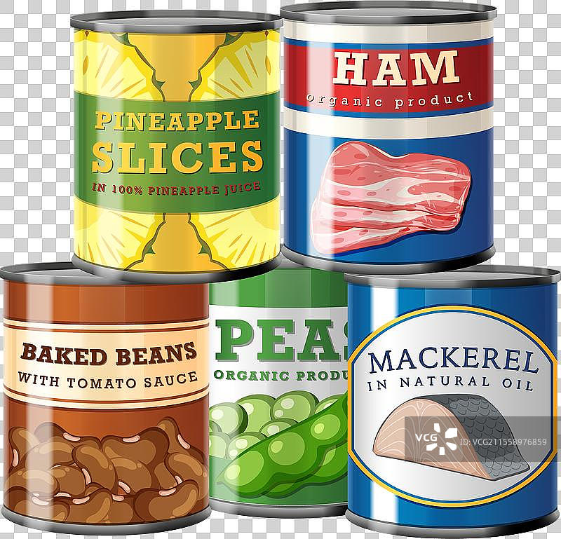 各种罐装食品的色彩丰富图片素材