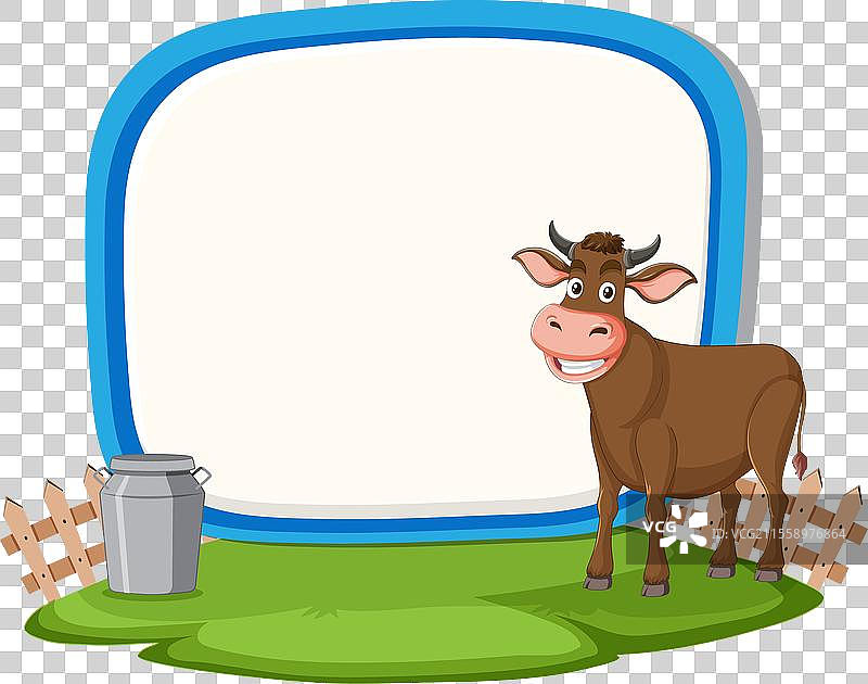 卡通牛站在牛奶罐和栅栏旁边图片素材