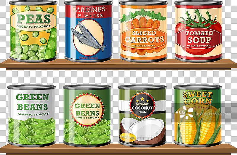色彩缤纷的罐装食品，包括蔬菜和图片素材