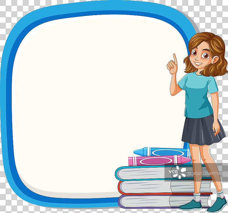 快乐的小女孩站在一堆书旁边图片素材