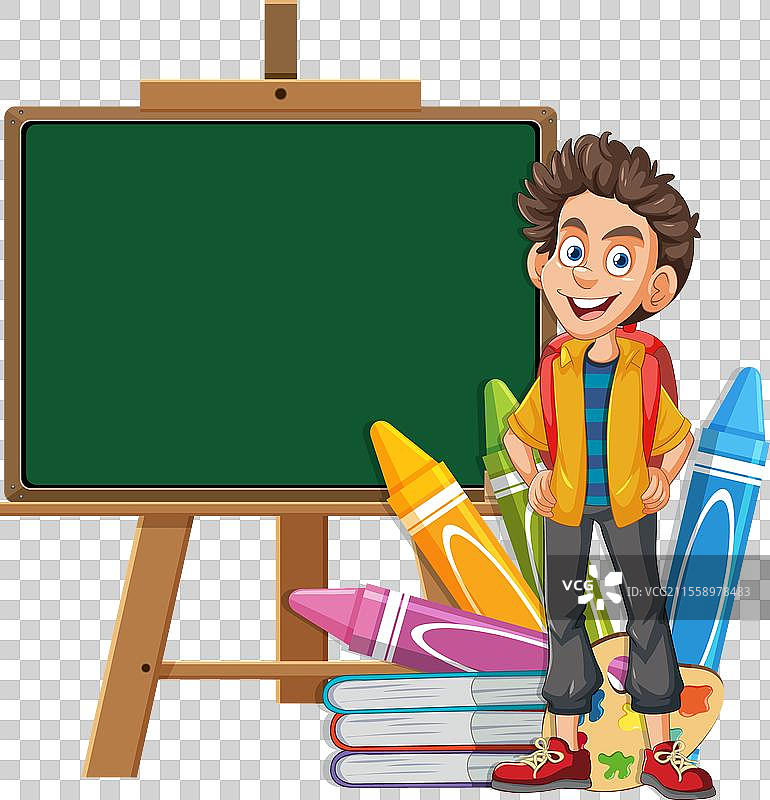 卡通男孩在黑板和艺术作品旁微笑图片素材