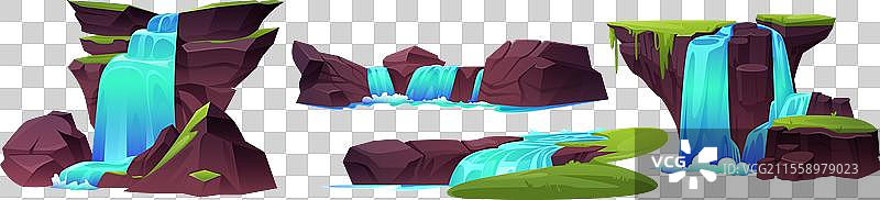 瀑布、溪流和岩石的卡通图标图片素材