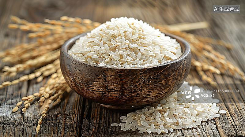 【AI数字艺术】一碗香喷喷的稻花香米和稻穗图片素材