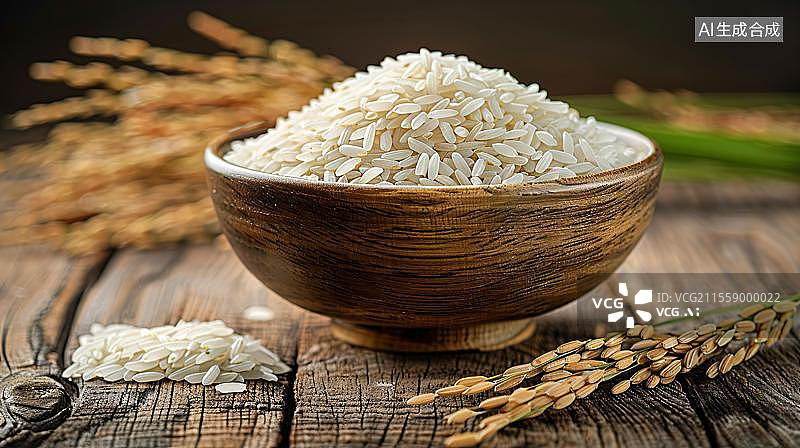 【AI数字艺术】一碗香喷喷的稻花香米和稻穗图片素材