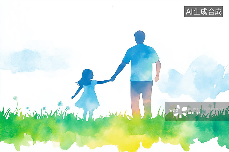【AI数字艺术】水彩风格的父女牵手漫步田园插画图片素材