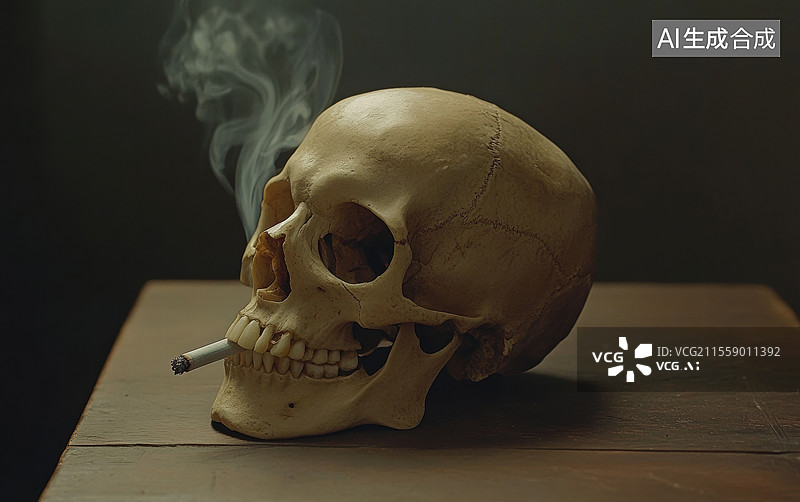 【AI数字艺术】一个骷髅头，嘴里叼着一根正在燃烧的香烟，烟雾从骷髅头的鼻孔中冒出。图片素材