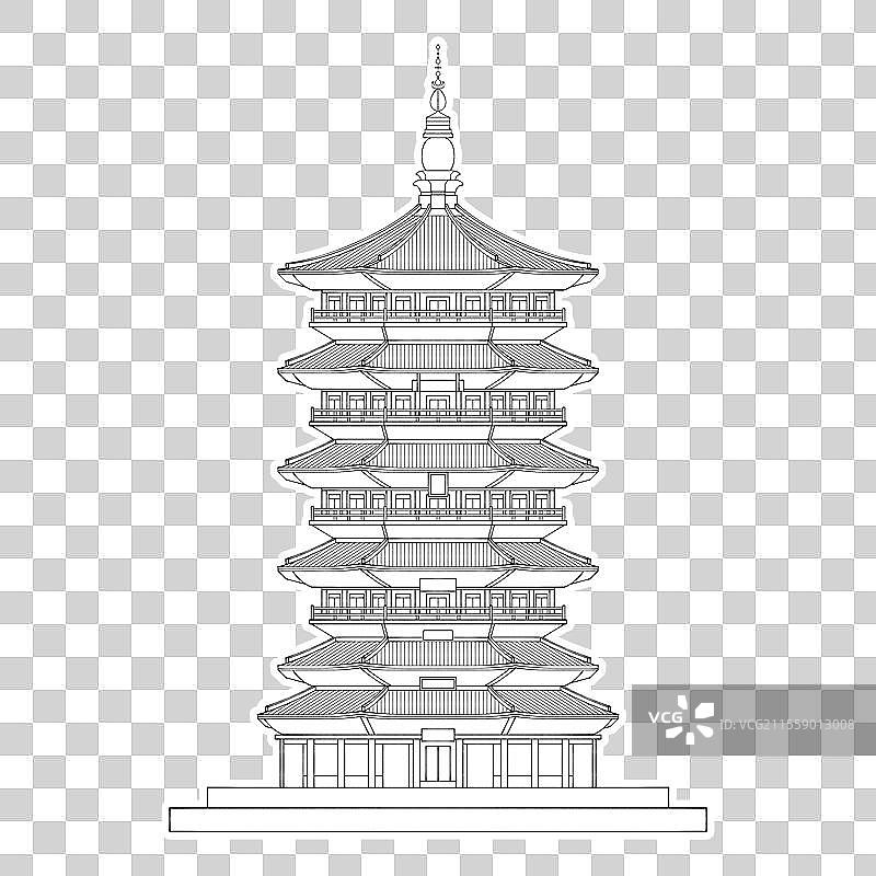 应县木塔佛宫寺释迦塔山西省朔州市应县 白描填色线稿楼阁式建筑最高木塔 第一批全国重点文物保护单位图片素材