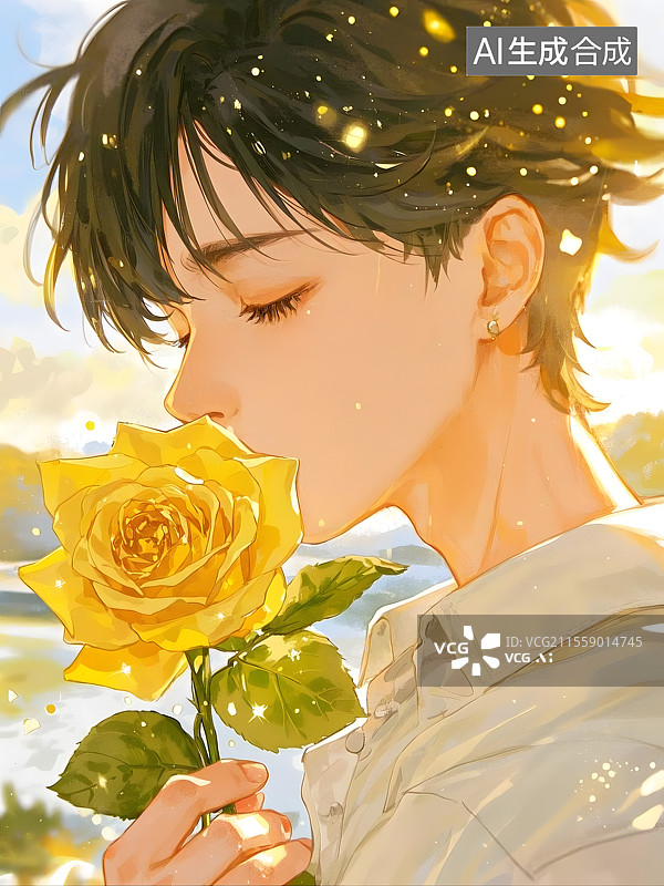 【AI数字艺术】一个男孩，黑色短发，闭着眼睛，眼部周围有金粉，闪闪，光洒在头发丝上，手里拿着黄色玫瑰花图片素材