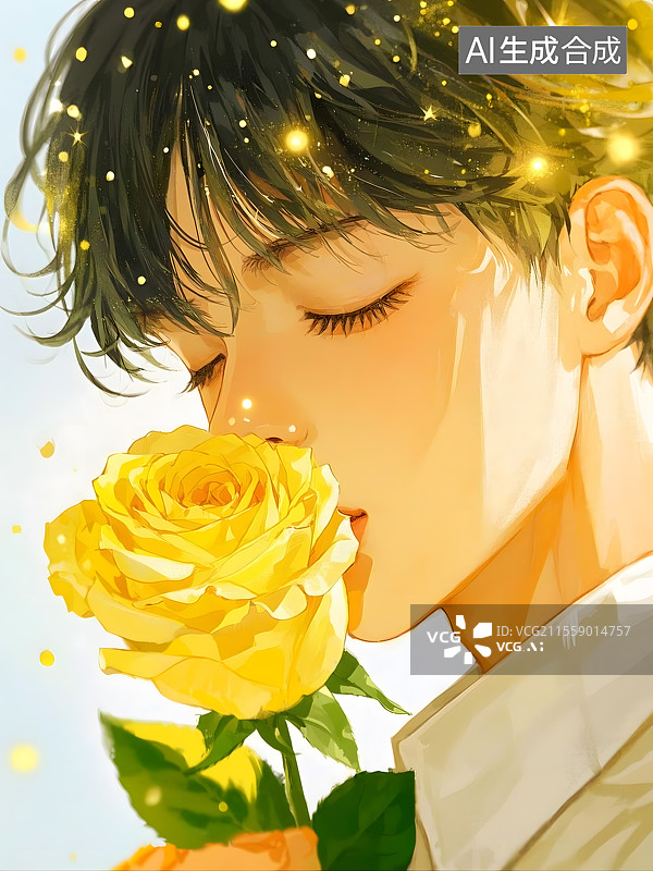【AI数字艺术】一个男孩，黑色短发，闭着眼睛，眼部周围有金粉，闪闪，光洒在头发丝上，手里拿着黄色玫瑰花图片素材