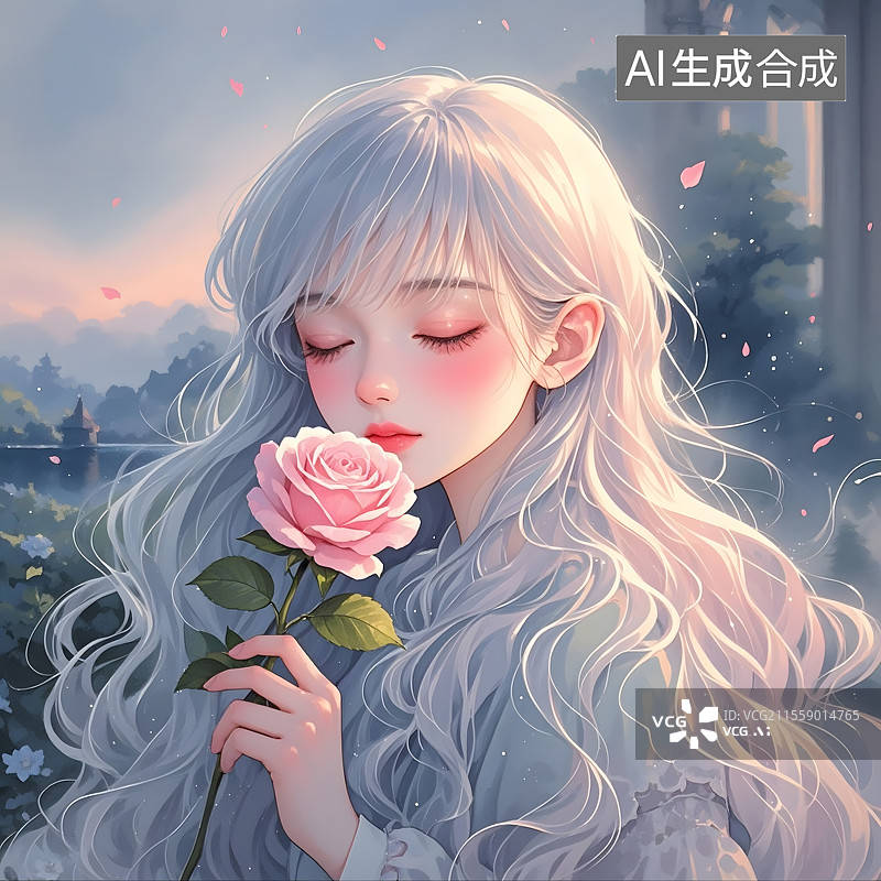【AI数字艺术】一个女孩，白色长卷发，闭着眼睛，眼部周围有淡粉，闪闪，光洒在头发丝上，手里拿着粉色玫瑰图片素材