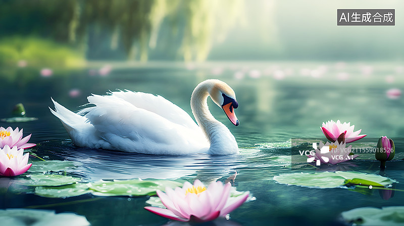 【AI数字艺术】AIGC：公园的荷花和白天鹅，自然风光，背景图片素材