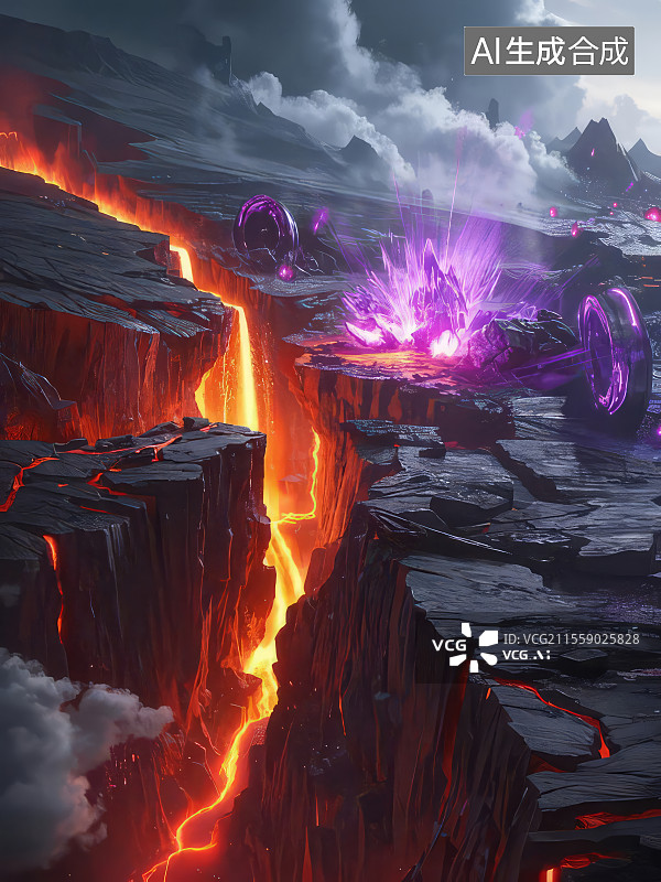 【AI数字艺术】地核崩裂 紫红能量矿脉熔岩瀑布地裂峡谷3D渲染地质灾难图片素材