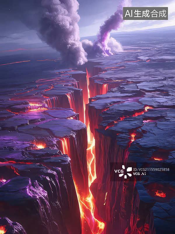 【AI数字艺术】地核崩裂 紫红能量矿脉熔岩瀑布地裂峡谷3D渲染地质灾难图片素材