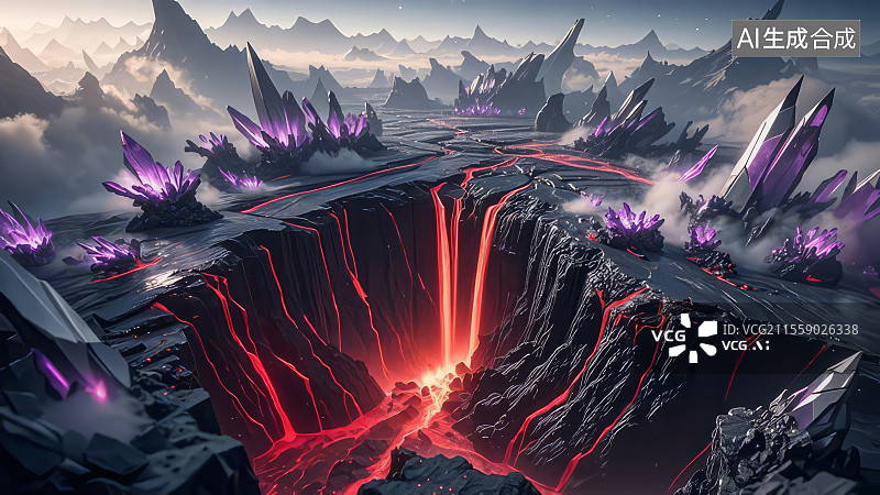 【AI数字艺术】地核崩裂 紫红能量矿脉熔岩瀑布地裂峡谷3D渲染地质灾难图片素材