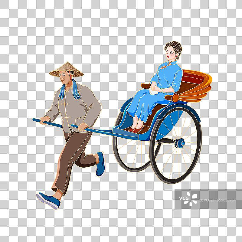 手绘国潮风黄包车夫拉着旗袍美女图片素材