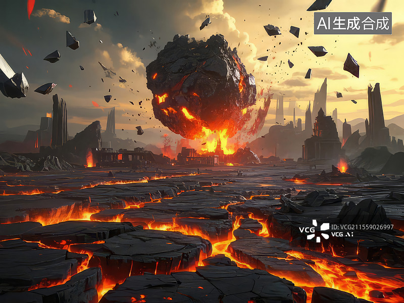 【AI数字艺术】赤焰焚城 陨石撞击熔岩河道建筑残骸高温玻璃化灾害场景渲染图片素材