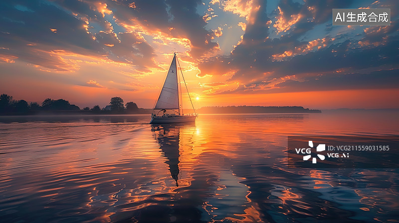 【AI数字艺术】日落时的帆船图片素材