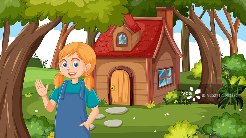 在温馨的房子前挥手的快乐女孩图片素材