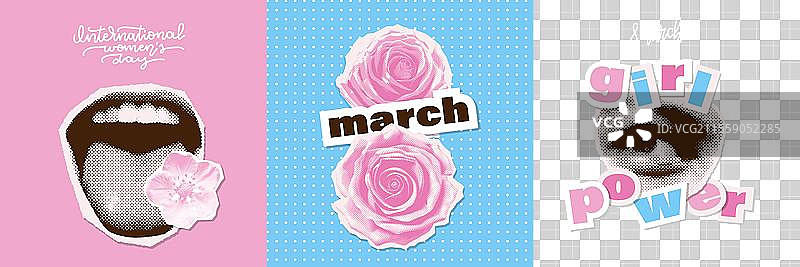 三月八日国际妇女节半色调拼贴画图片素材