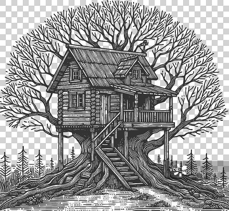 森林环境中的树屋小屋草图图片素材