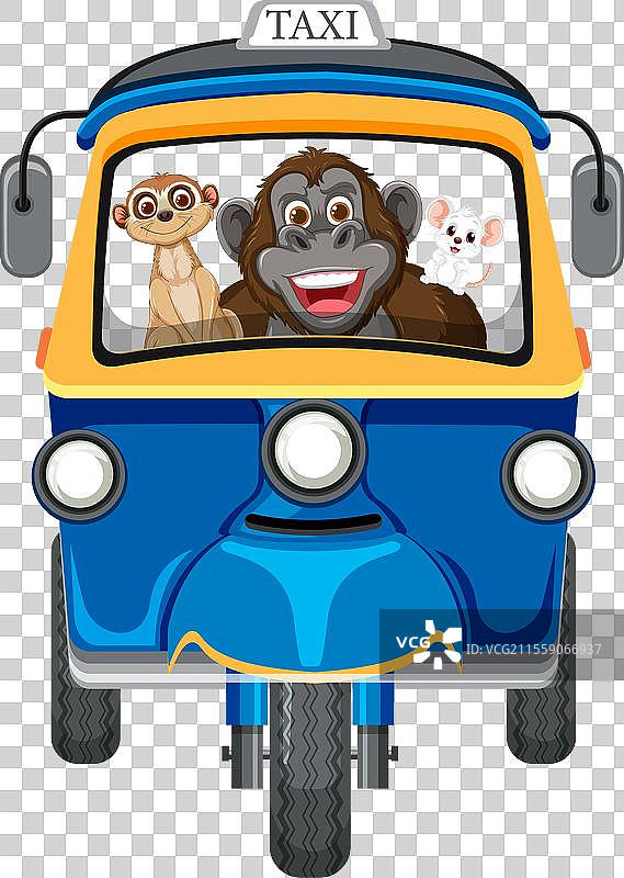 三只卡通动物坐在蓝色出租车里图片素材