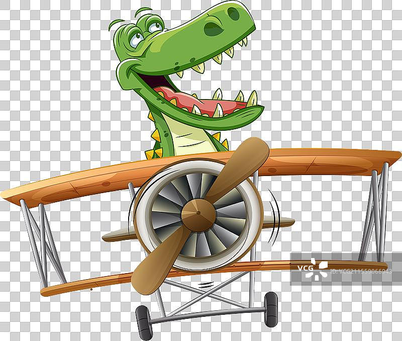 一只快乐的鳄鱼在驾驶一架木制飞机图片素材