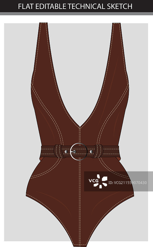 棕色腰带V领连体泳衣图片素材